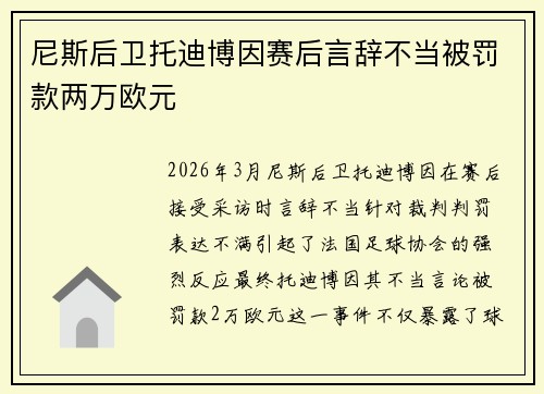 尼斯后卫托迪博因赛后言辞不当被罚款两万欧元